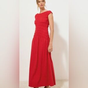 Mon Renn, Lily Red Textured Smocked Midi Dress 14” P2P, Size S | 212